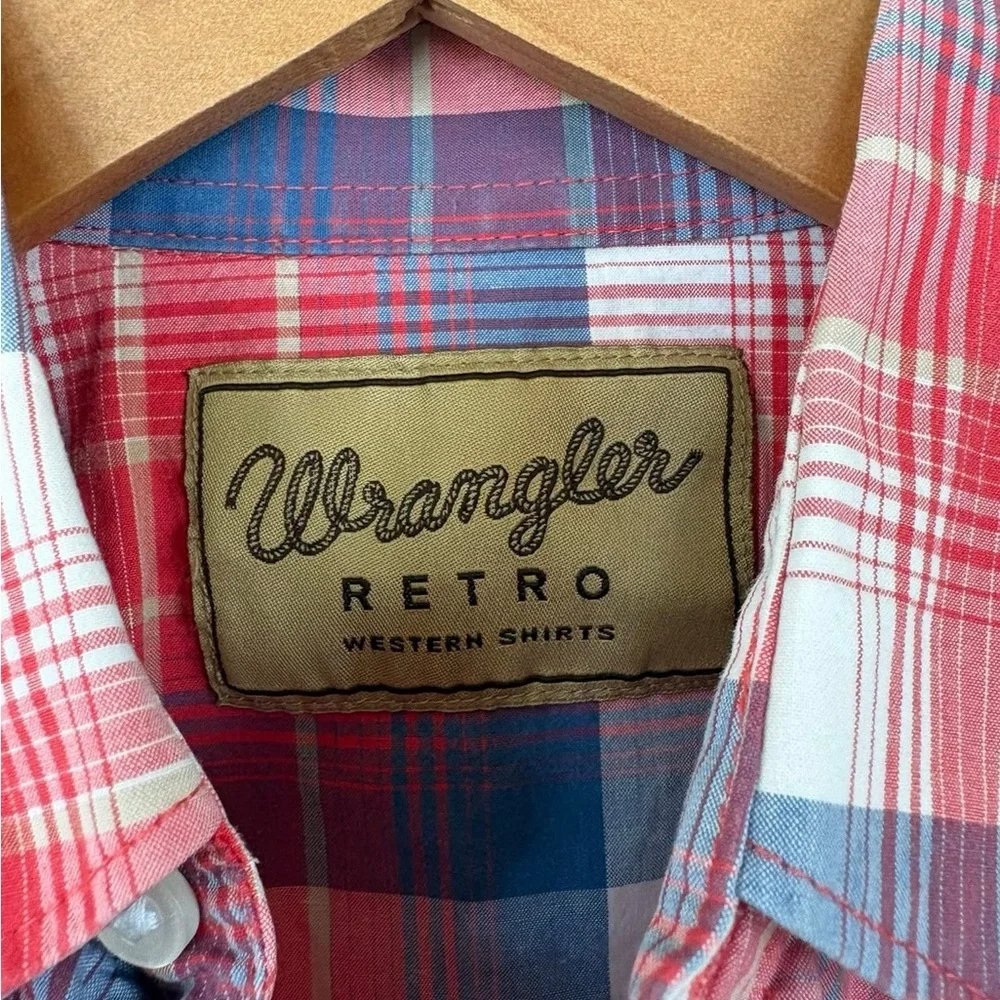 Kid’s Wrangler Retro Red White & Blue Plaid Pearl Snap Button-Down Shirt - Picture 2 of 6